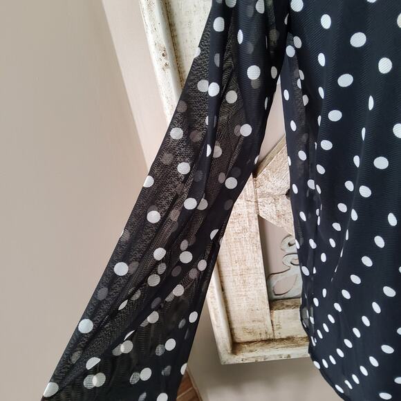 Notations Women's 3/4 Sheer Sleeve Open Drape Embellished Top in Black Polka Dot - Picture 4 of 9